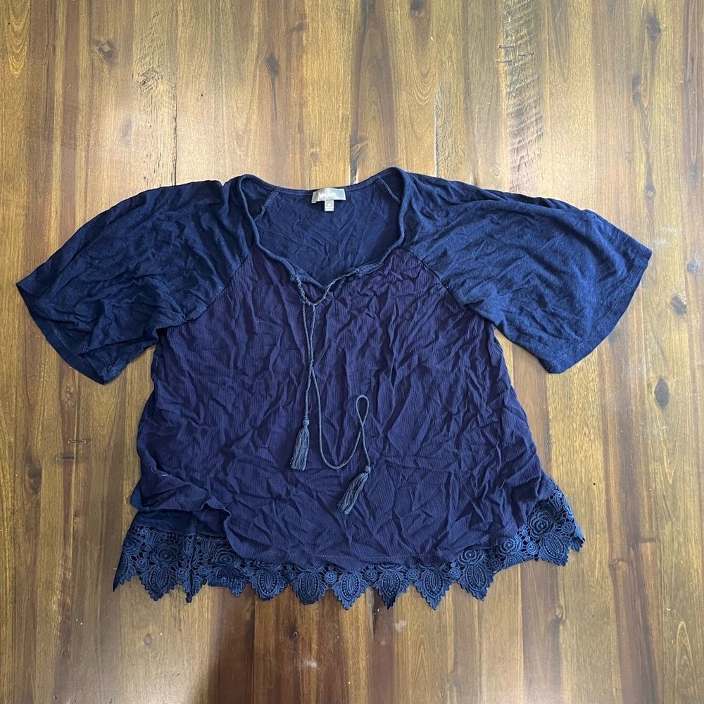 Neiman Marcus Blue Boho Lace and Tassel Shirt, Women's Size Medium